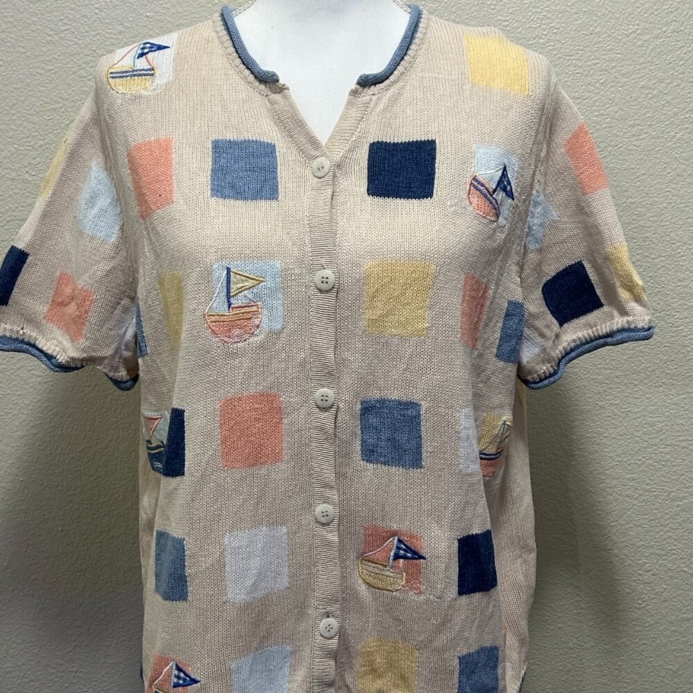 Christopher & Banks vintage button down beige cardigan, embroidered sailboats XL
